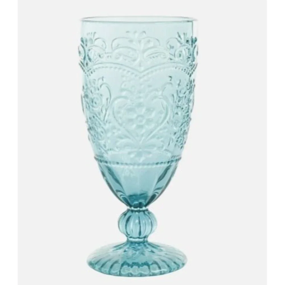 Pioneer Woman Amelia Glass Goblet Set 4pc with Embossed Design Teal 14.7oz New